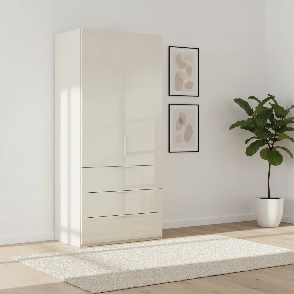 Rauch Heaven 100cm 2 Door Combi Wardrobe with Glass Doors in Champagne styled in a modern bedroom