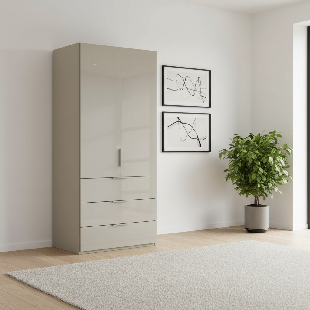 Rauch Heaven 100cm 2 Door Combi Wardrobe with Glass Doors in Fango styled in a modern bedroom
