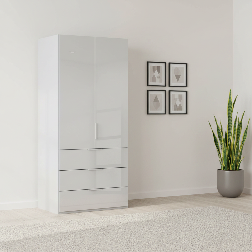 Rauch Heaven 100cm 2 Door Combi Wardrobe with Glass Doors in Silk Grey styled in a modern bedroom