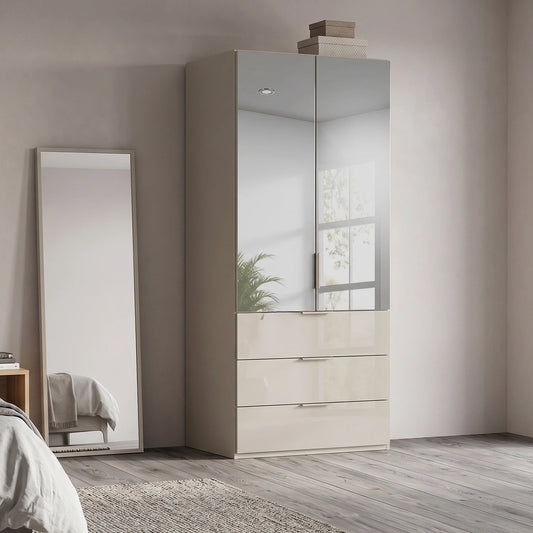 Rauch Haven 2 Door Combi Wardrobe with Mirror Doors and Glass Drawers - Styled in a Bedroom