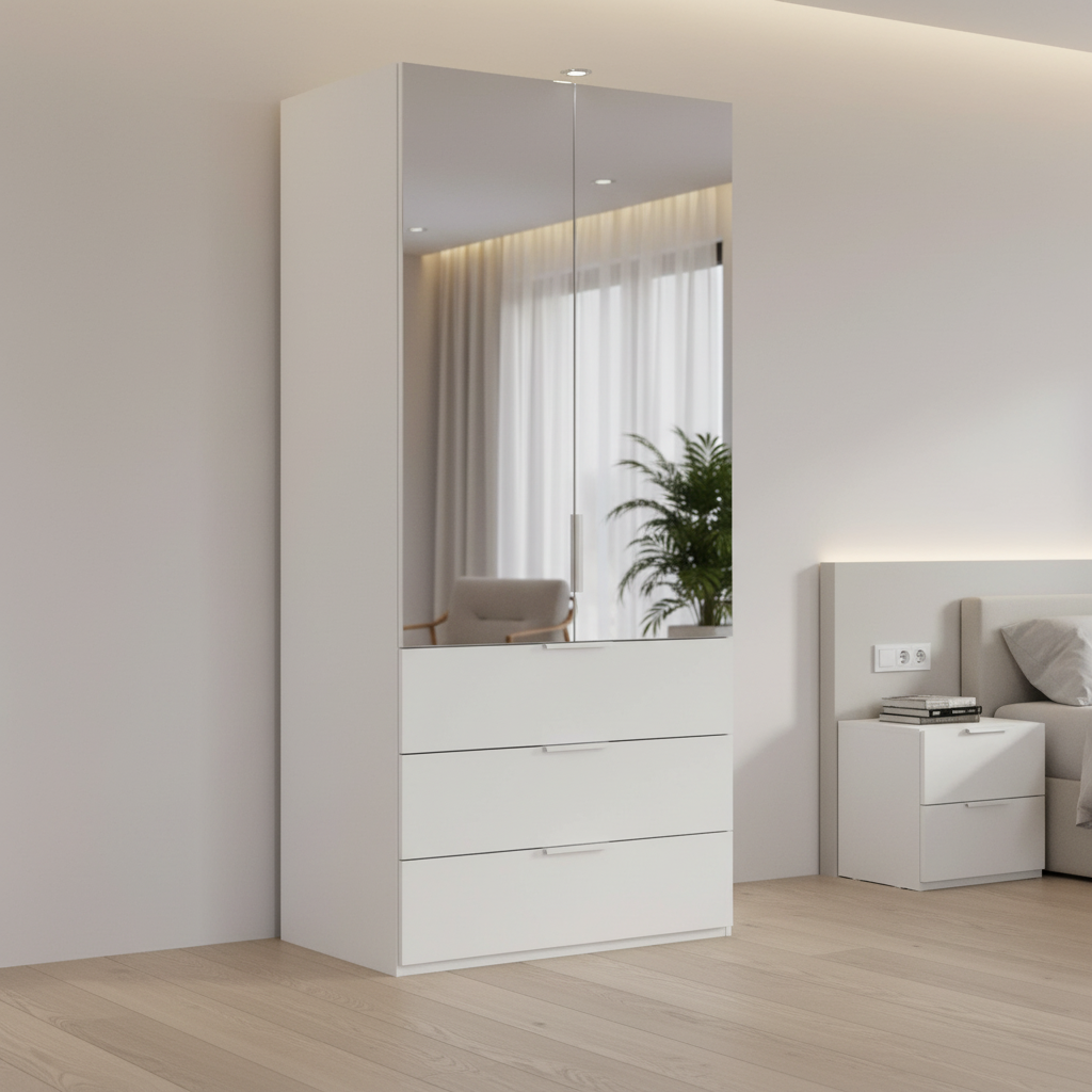Rauch Heaven 100cm 2 Door Combi Wardrobe with Mirror Doors and Glass Drawers in Alpine White styled in a modern bedroom