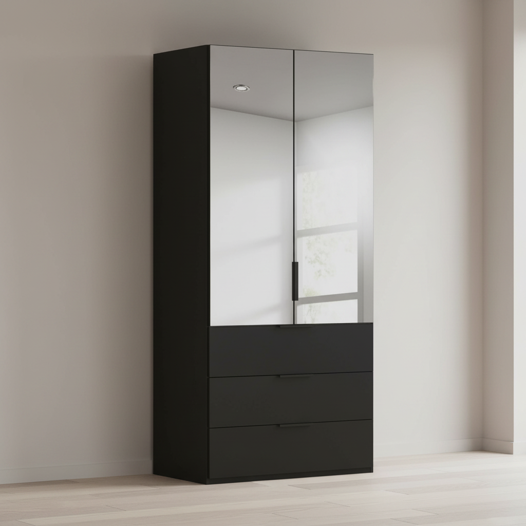 Rauch Heaven 100cm 2 Door Combi Wardrobe with Mirror Doors and Glass Drawers in Black styled in a modern bedroom