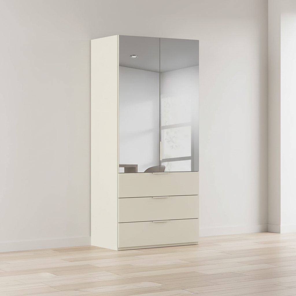 Rauch Heaven 100cm 2 Door Combi Wardrobe with Mirror Doors and Glass Drawers in Champagne styled in a modern bedroom