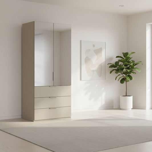 Rauch Heaven 100cm 2 Door Combi Wardrobe with Mirror Doors and Glass Drawers in Fango styled in a modern bedroom