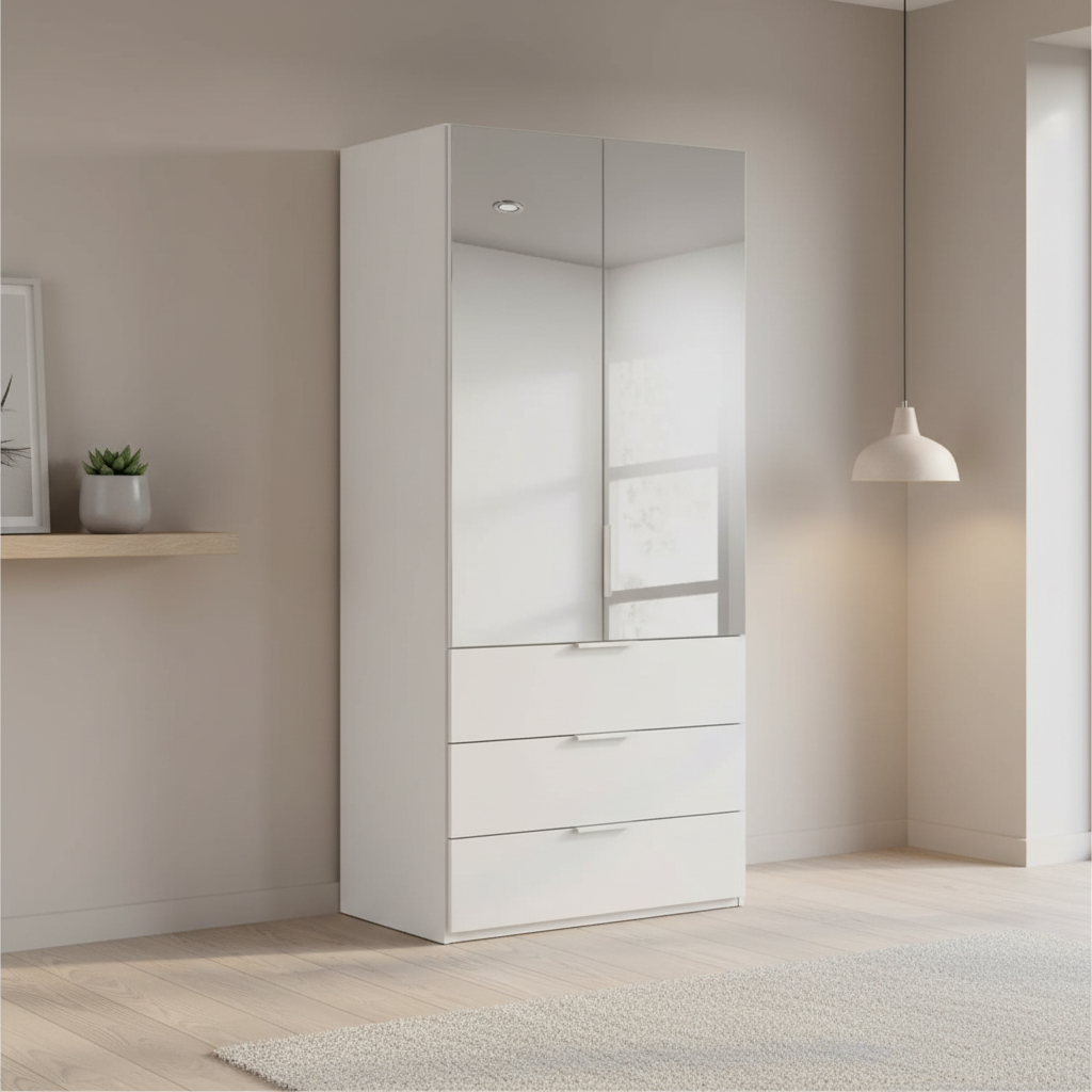 Rauch Heaven 100cm 2 Door Combi Wardrobe with Mirror Doors and Glass Drawers in Silk Grey styled in a modern bedroom