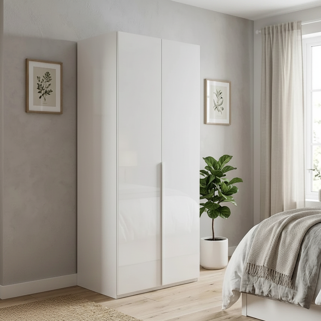Rauch Heaven 101cm 2 Door Hinged Wardrobe with Glass Doors in White Glass styled in a modern bedroom