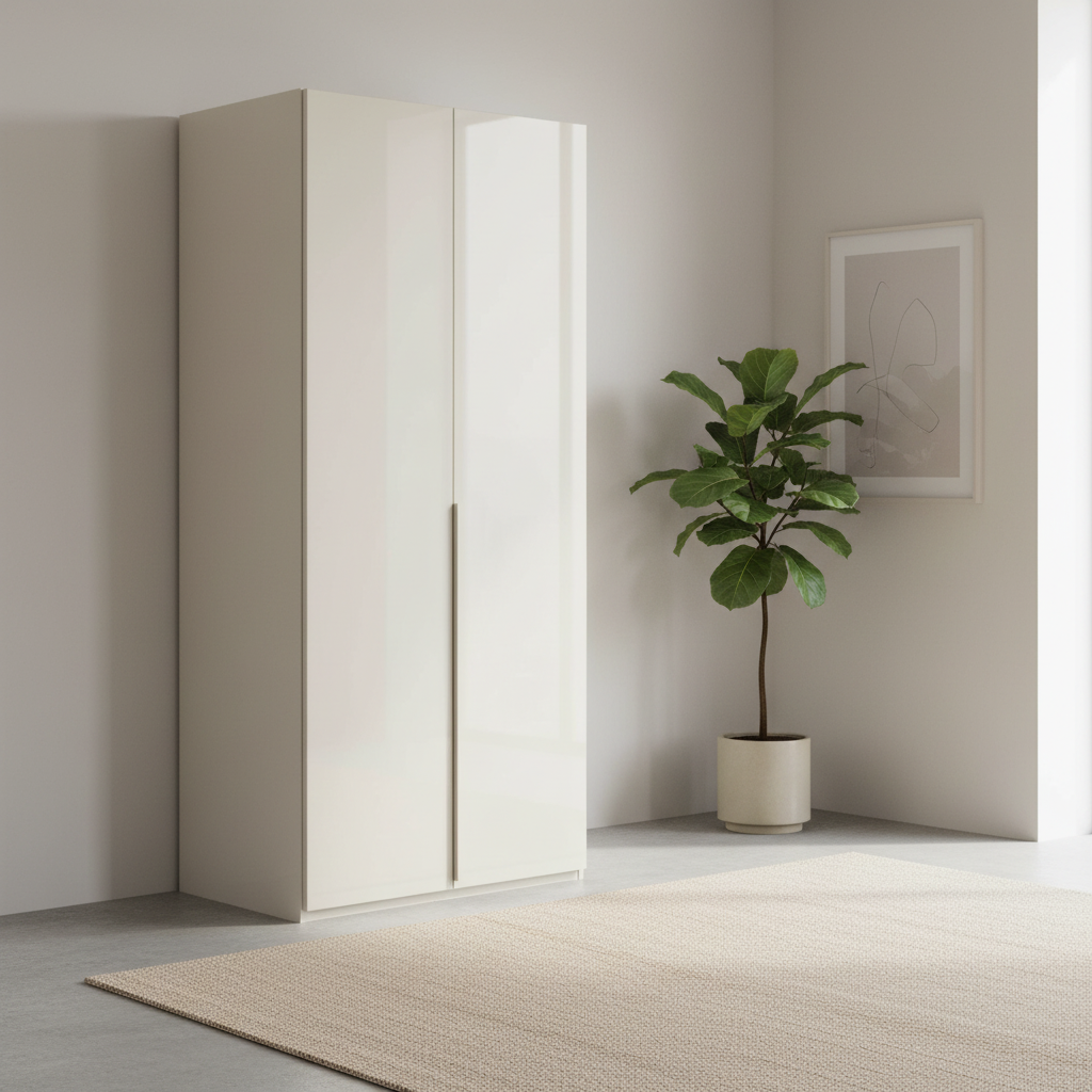 Rauch Heaven 101cm 2 Door Hinged Wardrobe with Glass Doors in Champagne styled in a modern bedroom