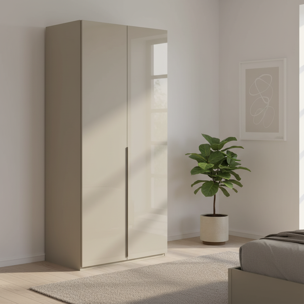Rauch Heaven 101cm 2 Door Hinged Wardrobe with Glass Doors in Fango styled in a modern bedroom