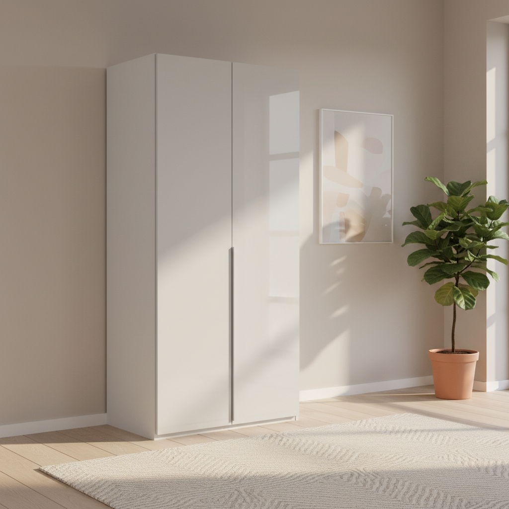 Rauch Heaven 101cm 2 Door Hinged Wardrobe with Glass Doors in Silk Grey styled in a modern bedroom