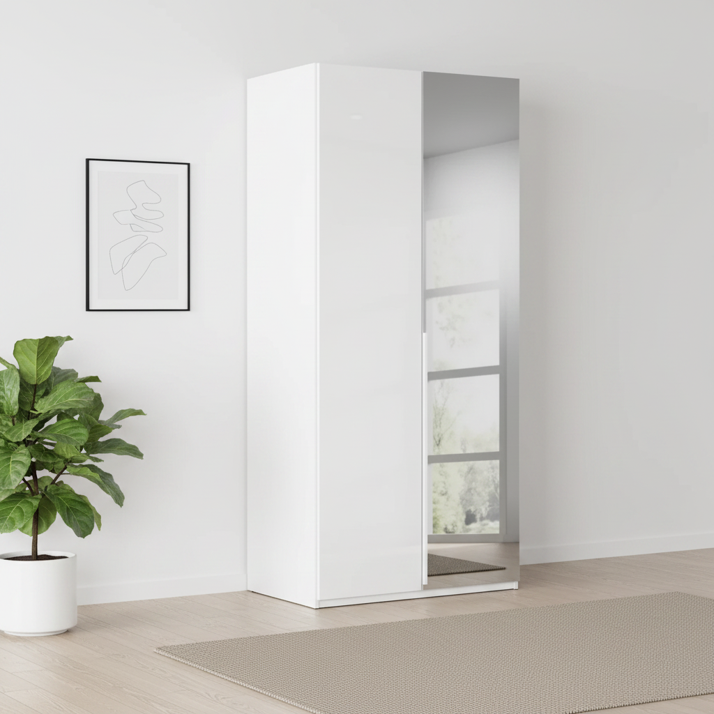 Rauch Heaven 101cm 2 Door Hinged Wardrobe with 1 Glass Door and 1 Mirror Door in Alpine white styled in a modern room
