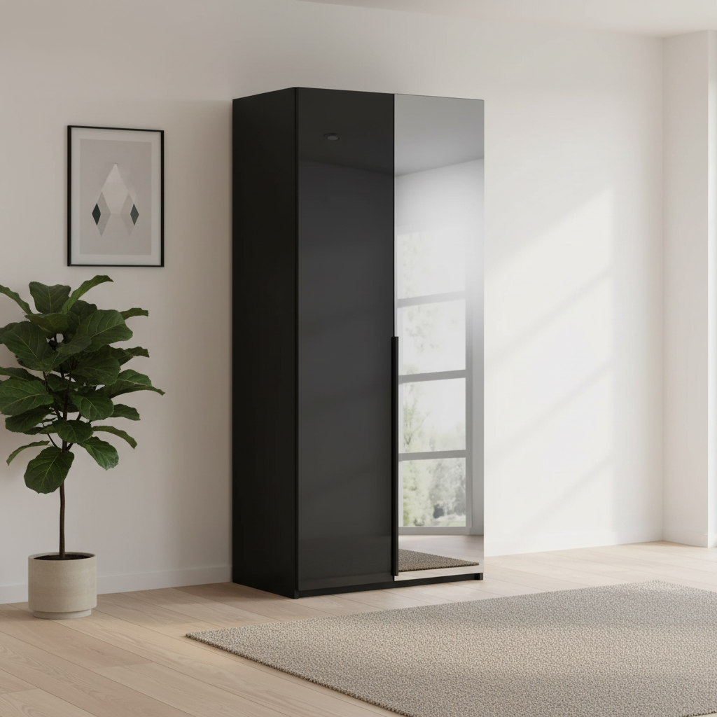 Rauch Heaven 101cm 2 Door Hinged Wardrobe with 1 Glass Door and 1 Mirror Door in Black styled in a modern room