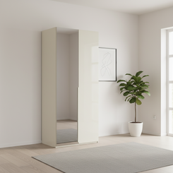 Rauch Heaven 101cm 2 Door Hinged Wardrobe with 1 Glass Door and 1 Mirror Door in Glass Champagne styled in a modern room