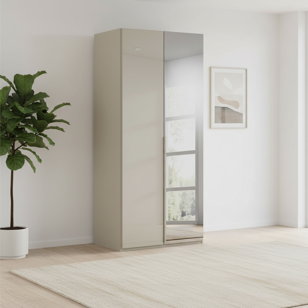 Rauch Heaven 101cm 2 Door Hinged Wardrobe with 1 Glass Door and 1 Mirror Door in Fango styled in a odern room