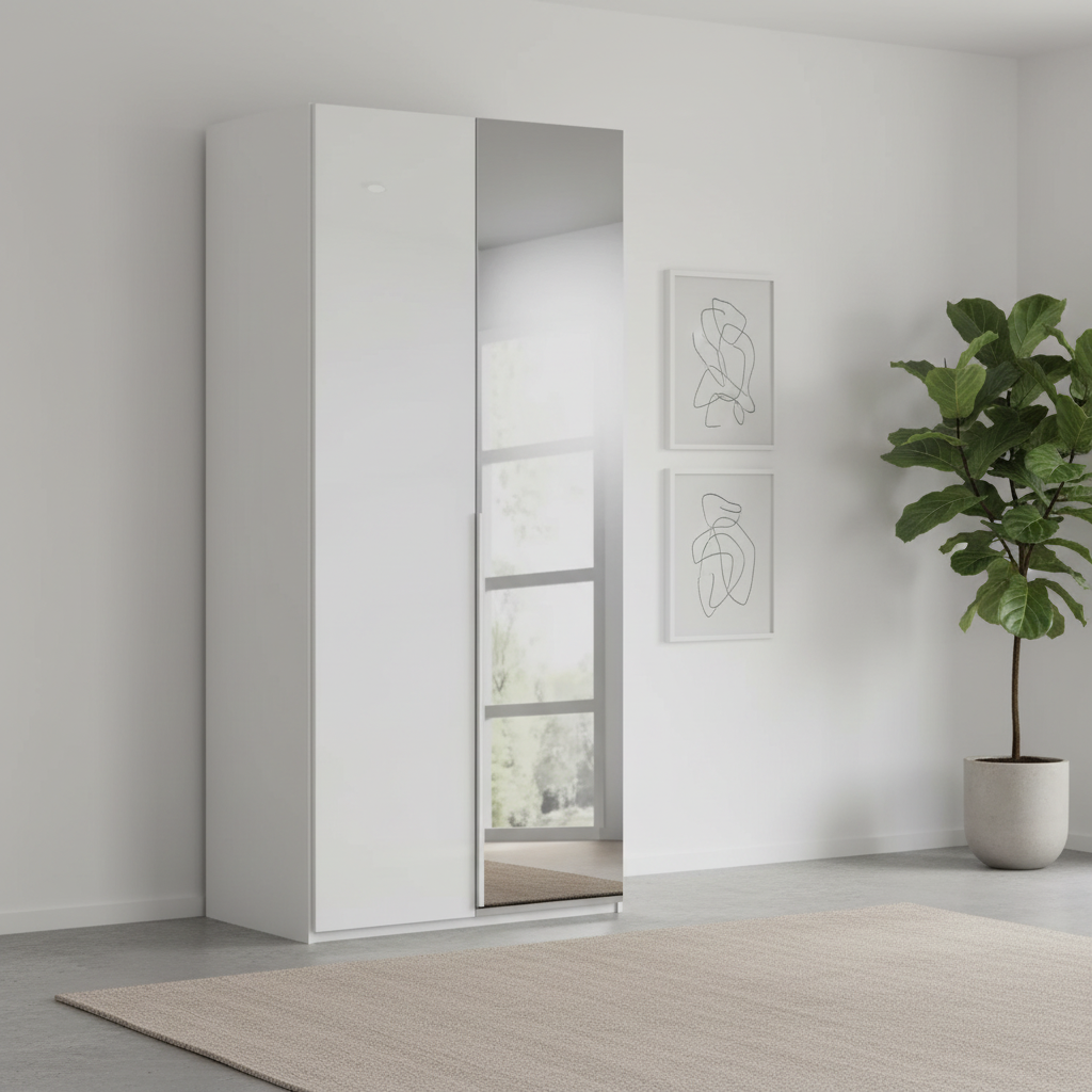 Rauch Heaven 2 Door Hinged Wardrobe with 1 Glass Door and 1 Mirror Door in Silk Grey styled in a modern bedroom