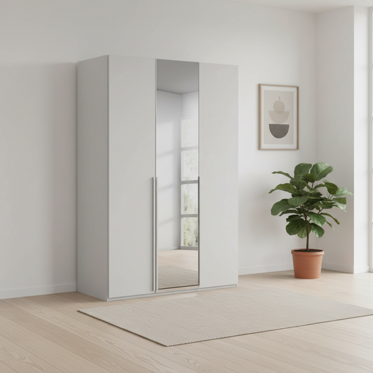 Rauch Heaven 3 Door Hinged Wardrobe with 2 Décor Doors and 1 Mirror Door in Silk Grey styled in a modern room