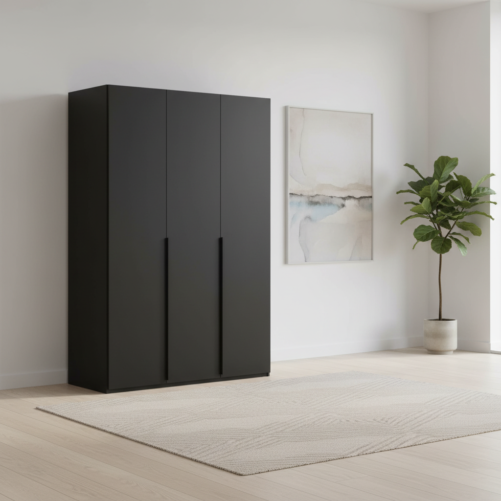 Rauch Heaven 151cm 3 Door Hinged Wardrobe with Décor Doors in Black styled in a modern bedroom
