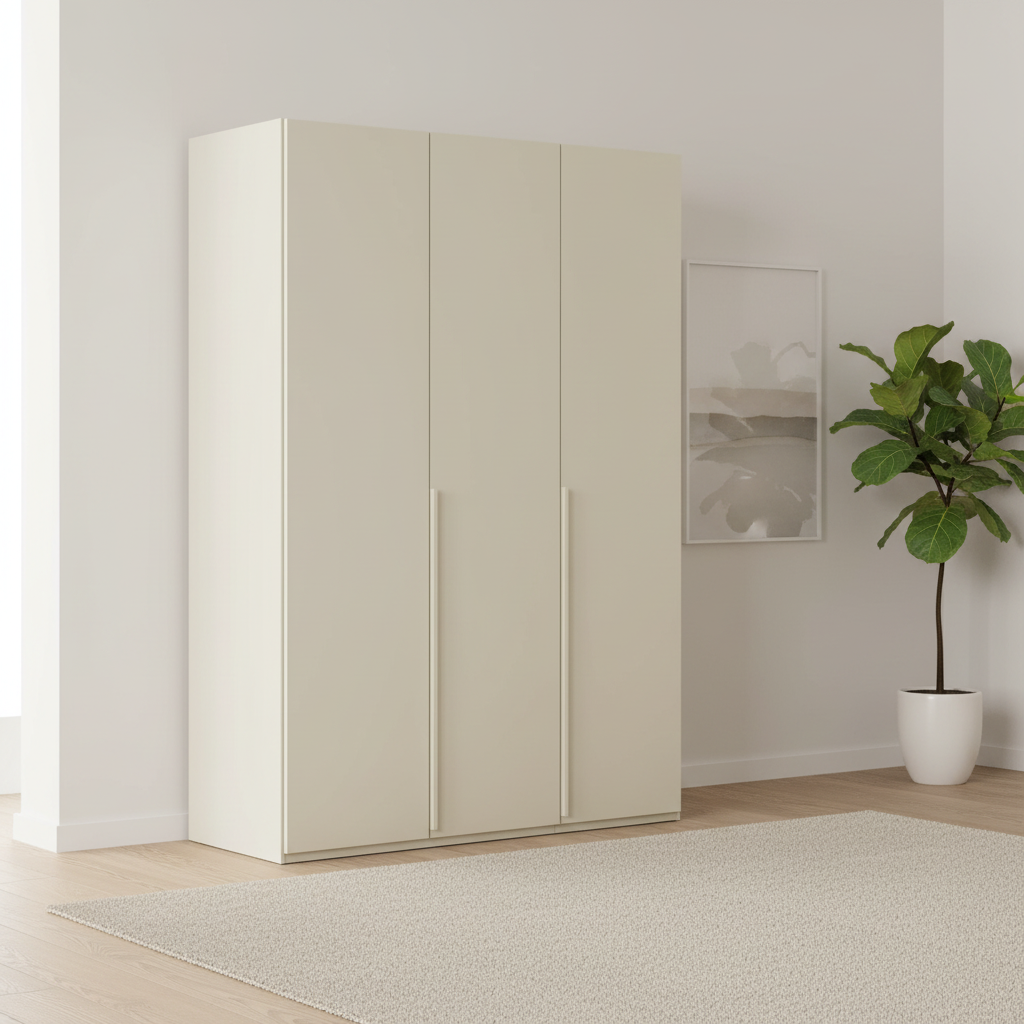 Rauch Heaven 151cm 3 Door Hinged Wardrobe with Décor Doors in Champagne styled in a modern Bedroom