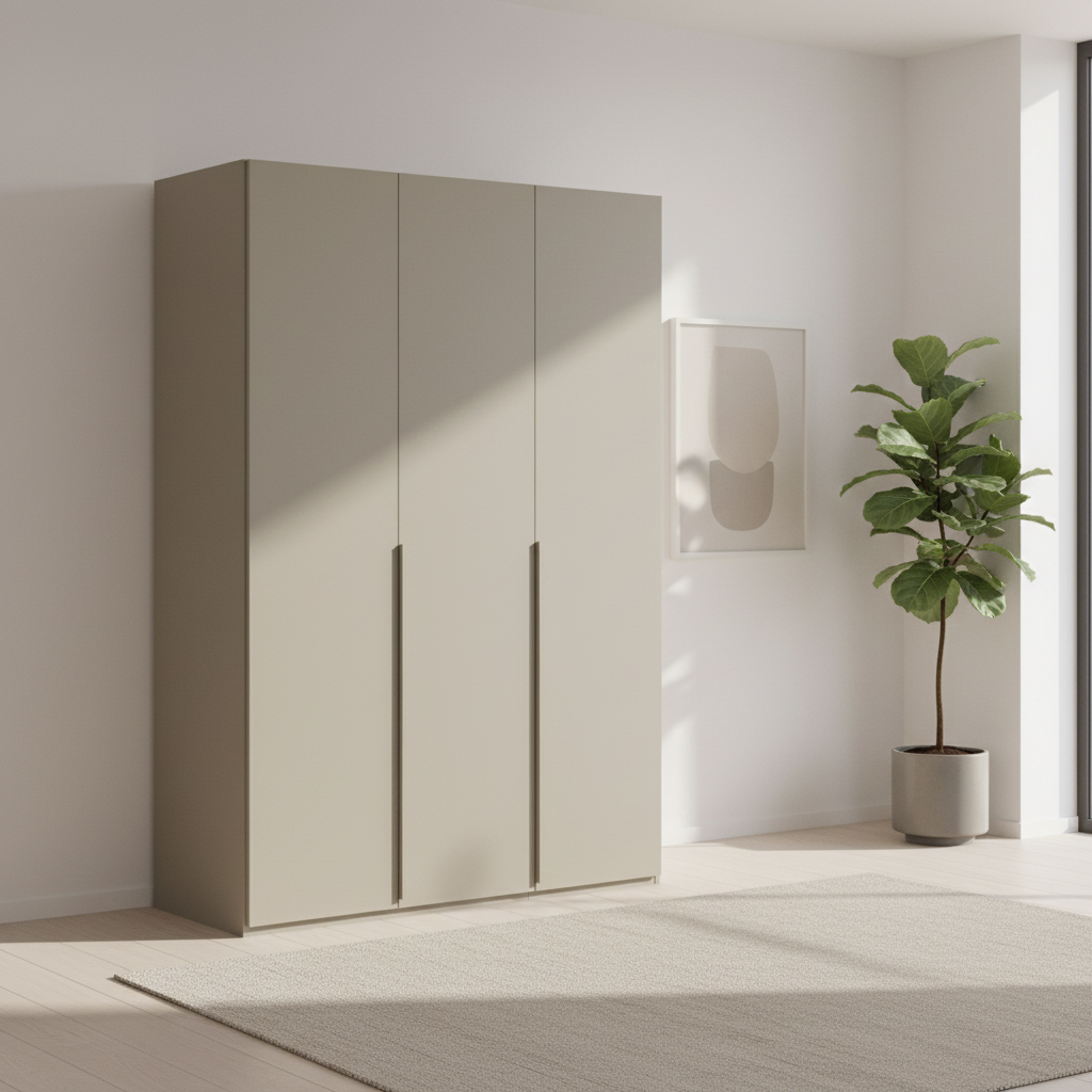 Rauch Heaven 151cm 3 Door Hinged Wardrobe with Décor Doors in Fango styled in a modern bedroom
