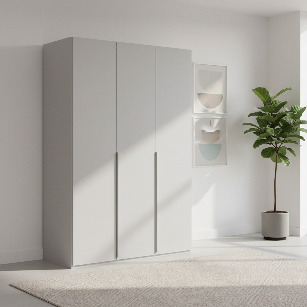 Rauch Heaven 151cm 3 Door Hinged Wardrobe with Décor Doors in Silk Grey styled in a modern bedroom