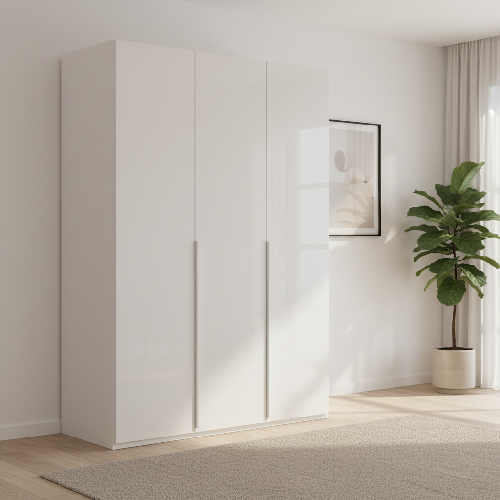 Rauch Heaven 150cm 3 Door Hinged Wardrobe with Glass Doors in Alpine White styled in a modern bedroom