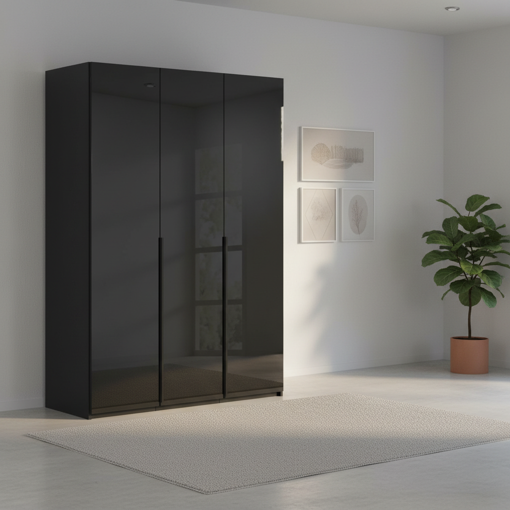 Rauch Heaven 150cm 3 Door Hinged Wardrobe with Glass Doors in Black styled in a modern bedroom
