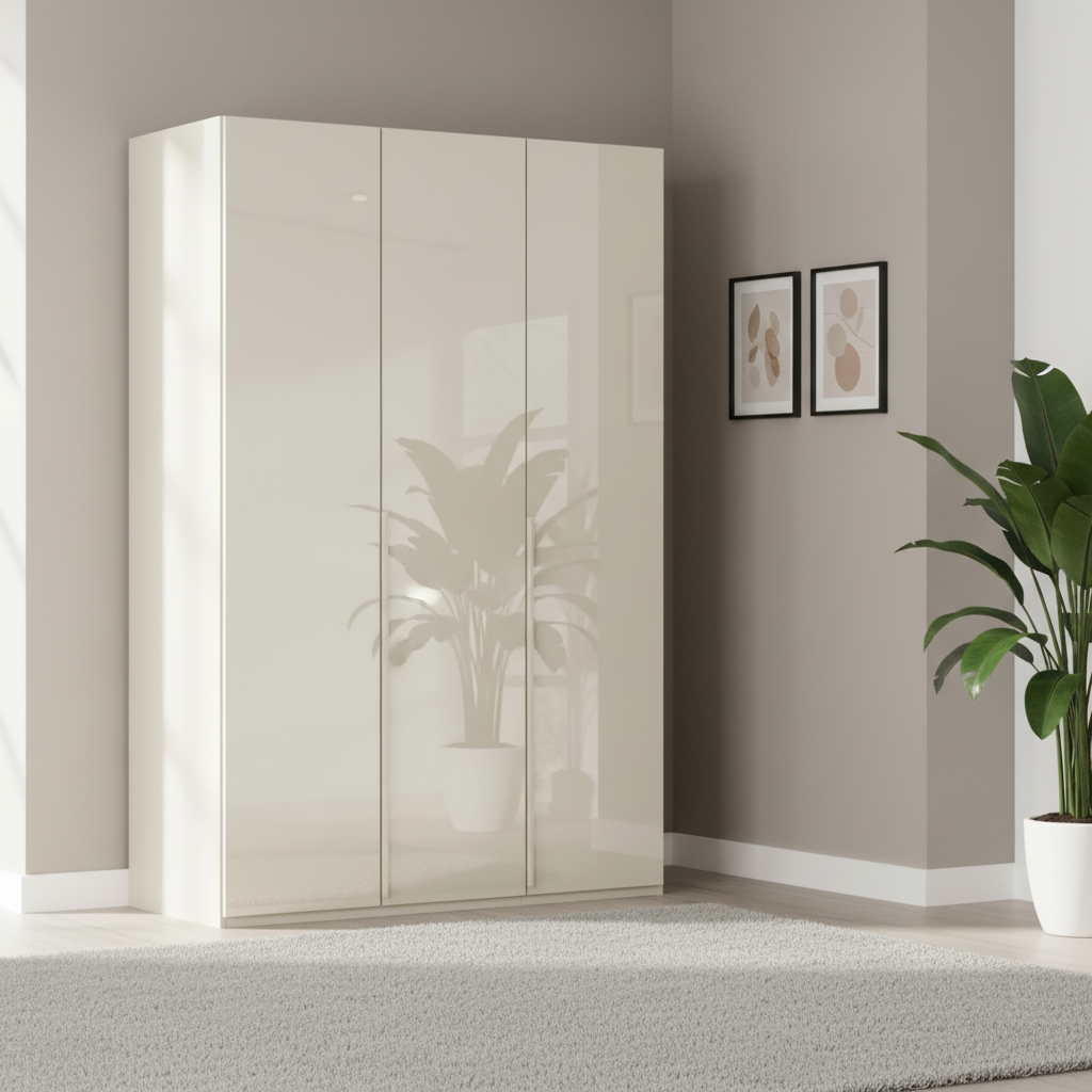 Rauch Heaven 150cm 3 Door Hinged Wardrobe with Glass Doors in Champagne styled in a modern bedroom