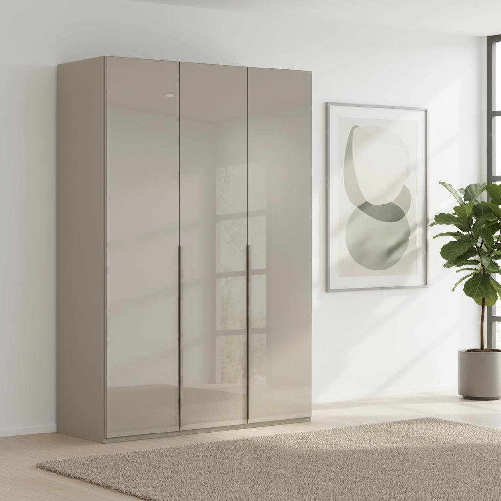 Rauch Heaven 150cm 3 Door Hinged Wardrobe with Glass Doors in Fango styled in a modern bedroom