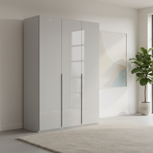 Rauch Heaven 150cm 3 Door Hinged Wardrobe with Glass Doors in Silk Grey styled in a modern bedroom