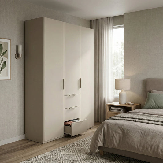 Rauch Haven 3 Door Combi Wardrobe with Décor Doors - Styled in a Bedroom