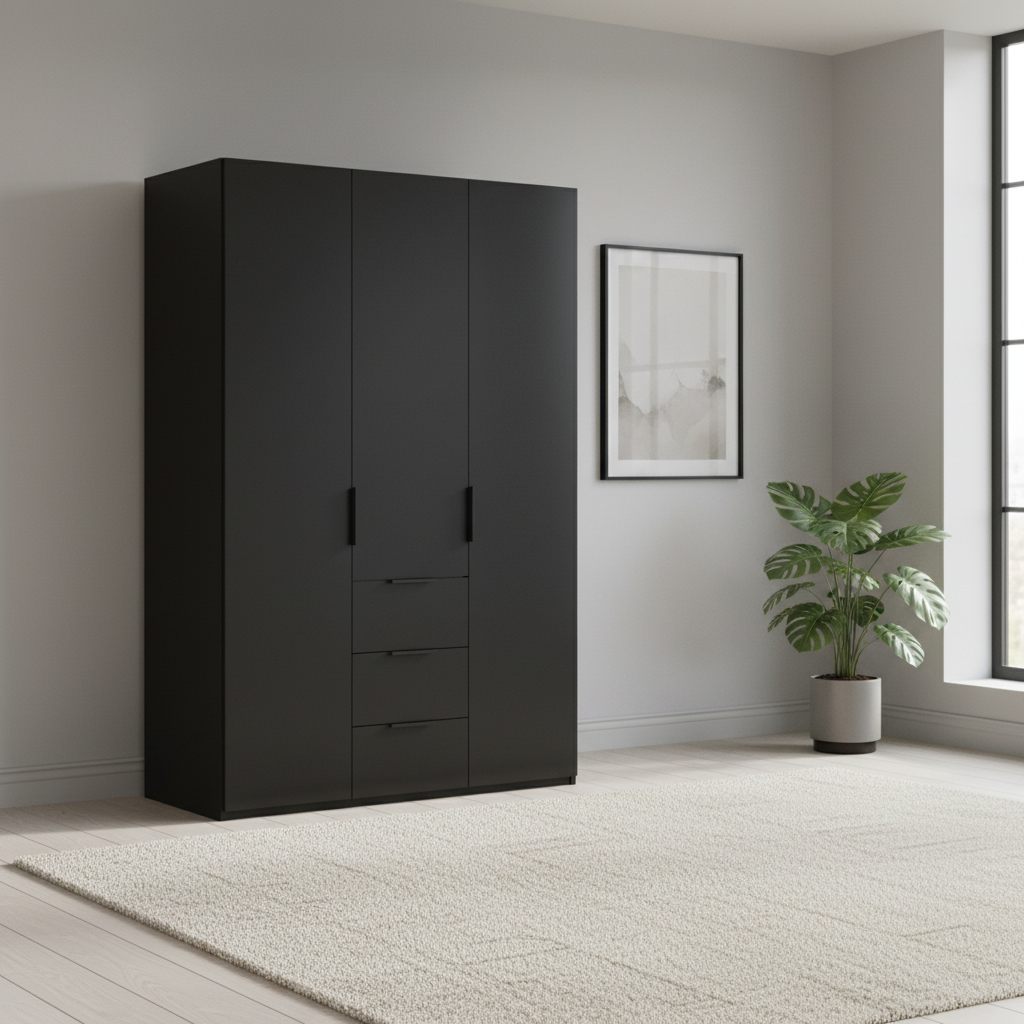 Rauch Heaven 150cm 3 Door Combi Wardrobe with Décor Doors in Black styled in a modern bedroom