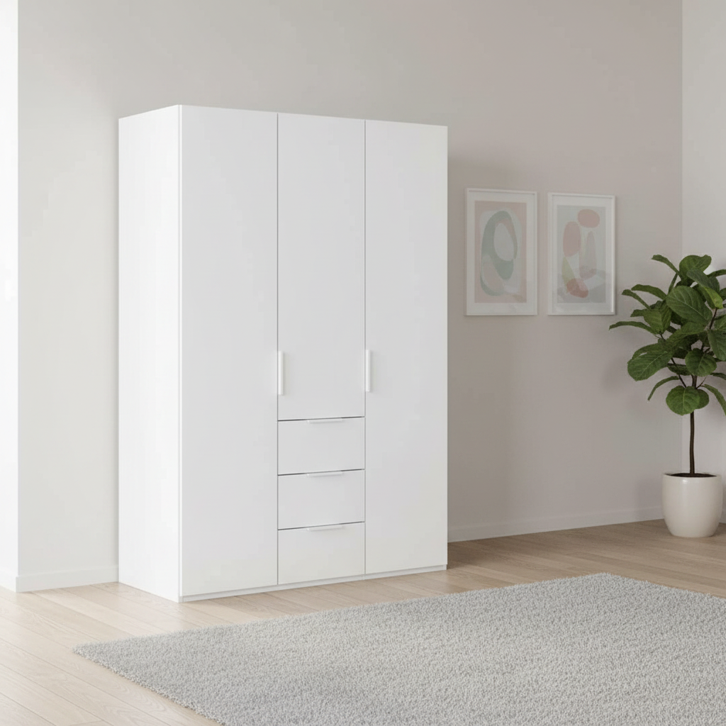 Rauch Heaven 150cm 3 Door Combi Wardrobe with Décor Doors in Alpine White styled in a modern bedroom
