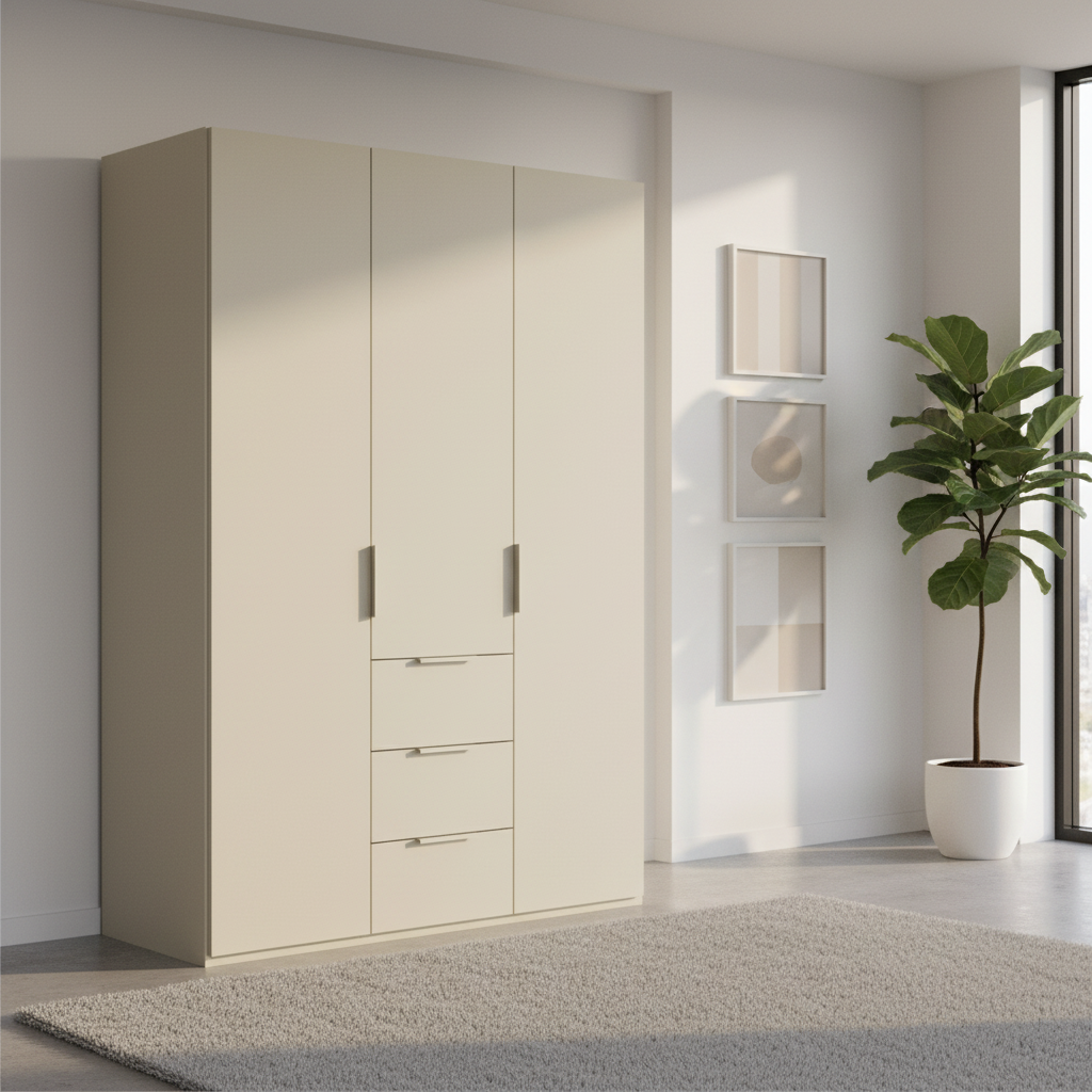 Rauch Heaven 150cm 3 Door Combi Wardrobe with Décor Doors in Champagne styled in a modern bedroom