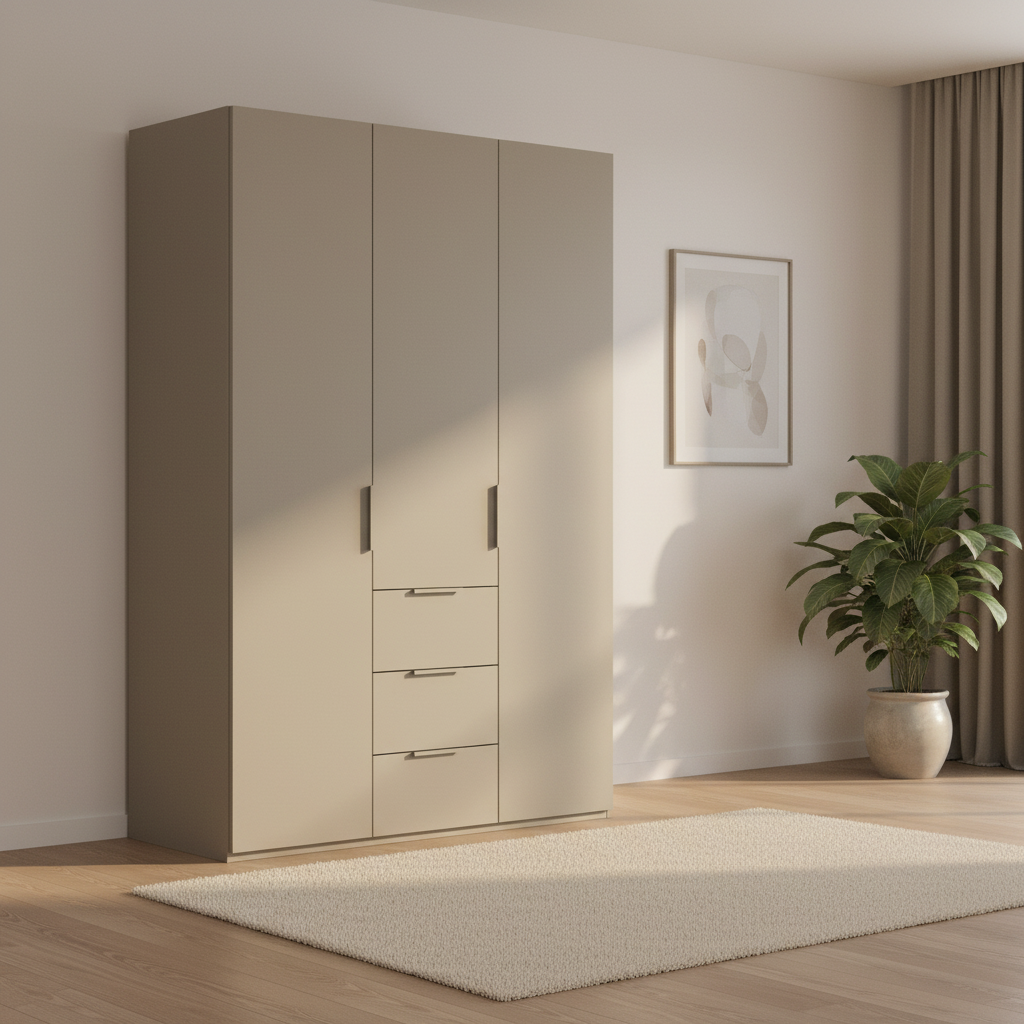 Rauch Heaven 150cm 3 Door Combi Wardrobe with Décor Doors in Fango styled in a modern bedroom