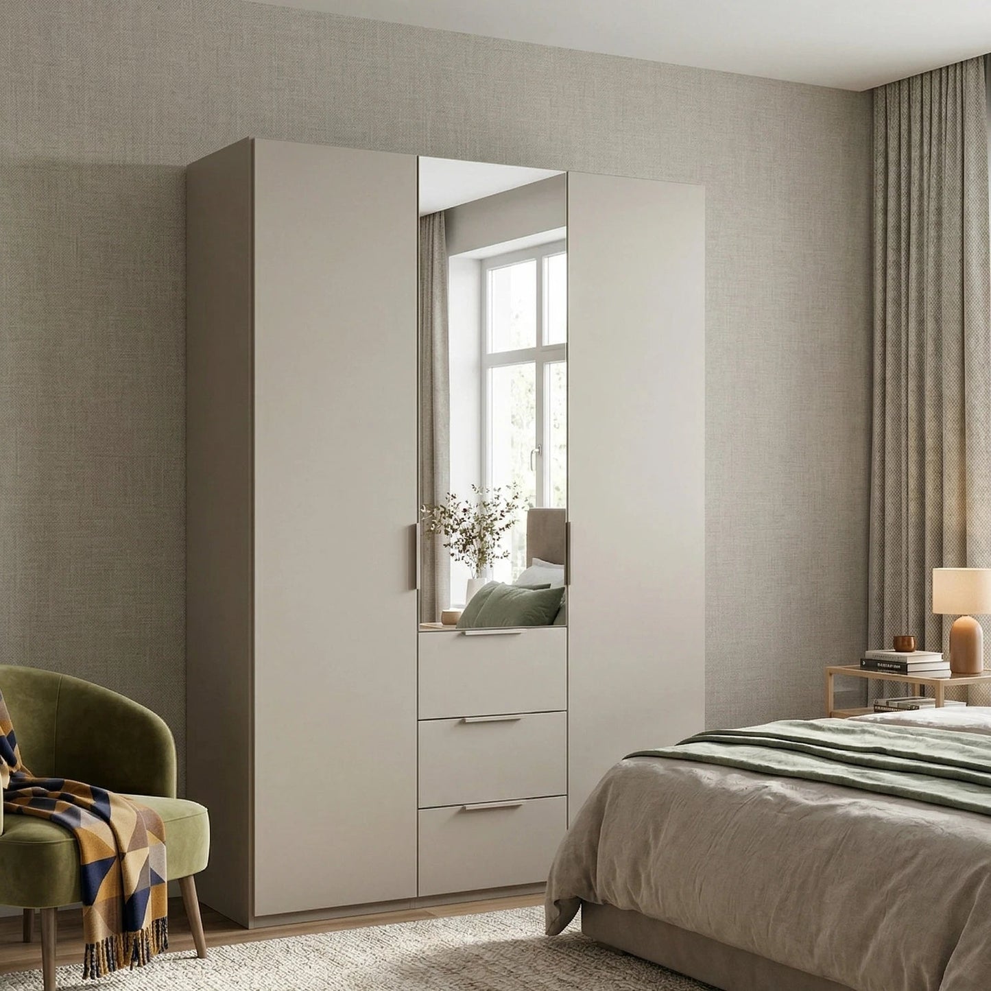 Rauch Heaven 3 Door Combi Décor Wardrobe with 2 Décor Doors and 1 Mirror Door - Styled in a Bedroom