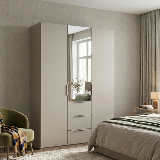Rauch Heaven 3 Door Combi Décor Wardrobe with 2 Décor Doors and 1 Mirror Door - Styled in a Bedroom