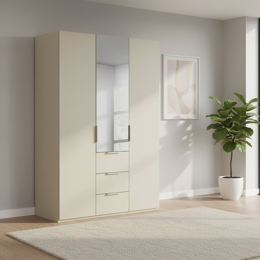 Rauch Heaven 150cm 3 Door Combi Décor Wardrobe with 2 Décor Doors and 1 Mirror Door in Champagne styled in a modern bedromm