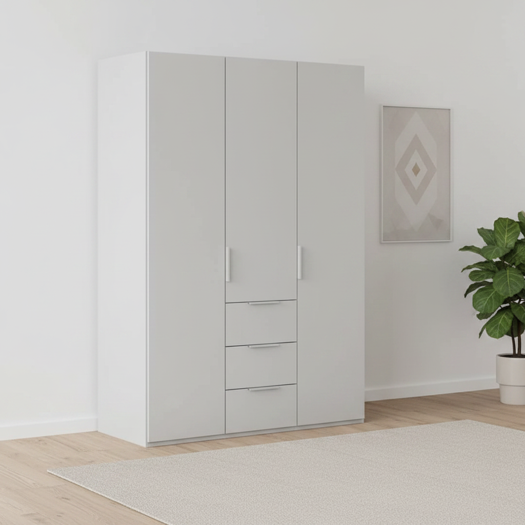 Rauch Heaven 150cm 3 Door Combi Wardrobe with Décor Doors in Silk Grey styled in a modern bedroom