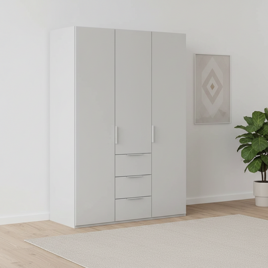 Rauch Heaven 150cm 3 Door Combi Wardrobe with Décor Doors in Silk Grey styled in a modern bedroom