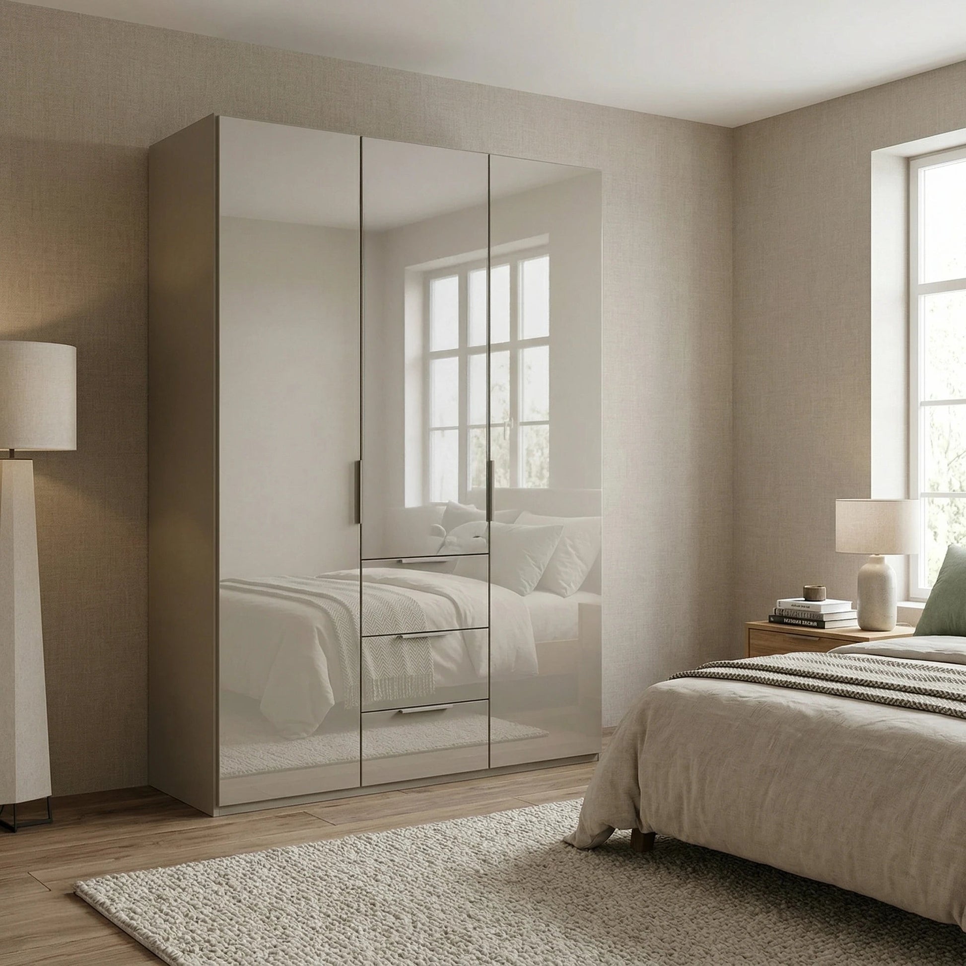 Rauch Haven  3 Door Combi Wardrobe with Glass Doors in Fango - Styled in a Bedroom