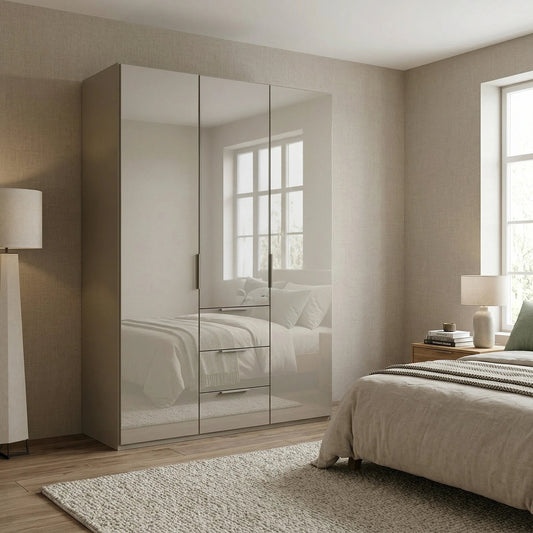 Rauch Haven  3 Door Combi Wardrobe with Glass Doors in Fango - Styled in a Bedroom