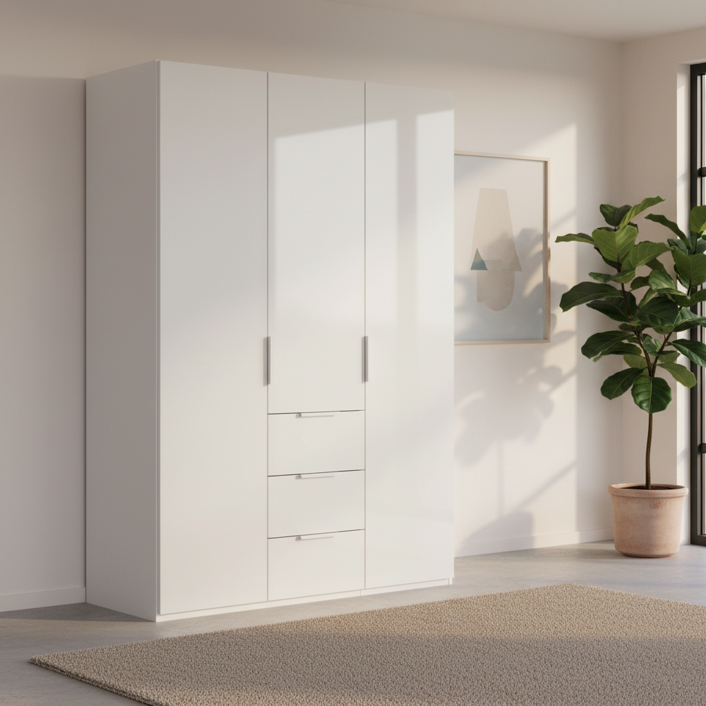 Rauch Heaven 150cm 3 Door Combi Wardrobe with Glass Doors in Alpine White styled in a modern bedroom
