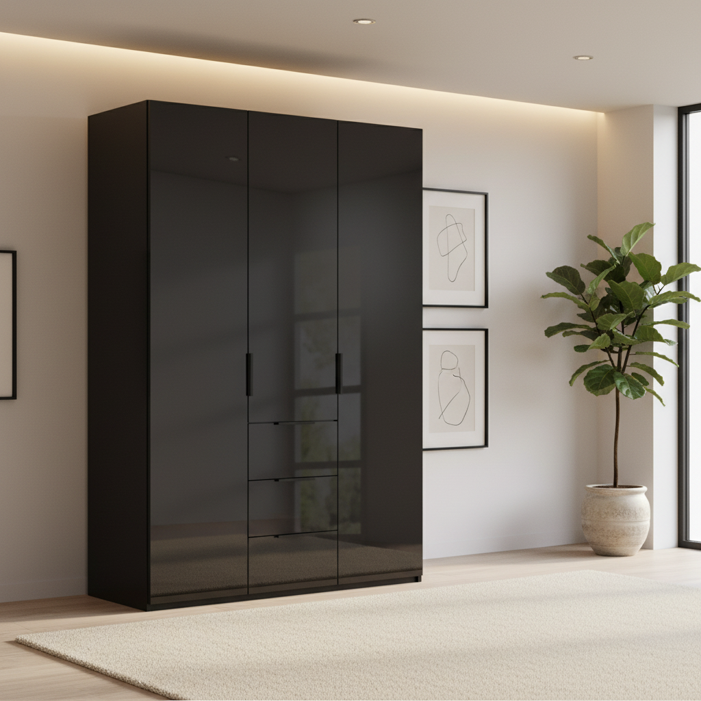 Rauch Heaven 150cm 3 Door Combi Wardrobe with Glass Doors in Black styled in a modern bedroom