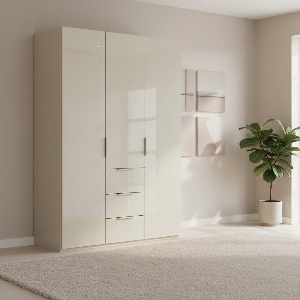 Rauch Heaven 150cm 3 Door Combi Wardrobe with Glass Doors in Champagne styled in a modern bedroom