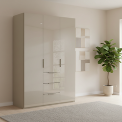 Rauch Heaven 150cm 3 Door Combi Wardrobe with Glass Doors in Fango styled in a modern bedroom