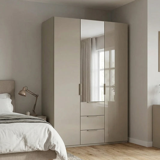 Rauch Haven 3 Door Combi Wardrobe with 2 Glass Doors and 1 Mirror Door - Styled in a Bedroom