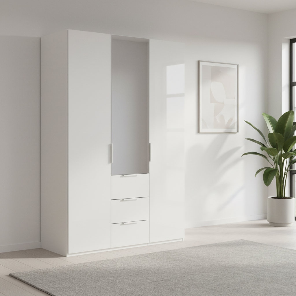 Rauch Heaven 150cm 3 Door Combi Wardrobe with 2 Glass Doors and 1 Mirror Door in Alpine White styled in a modern bedroom
