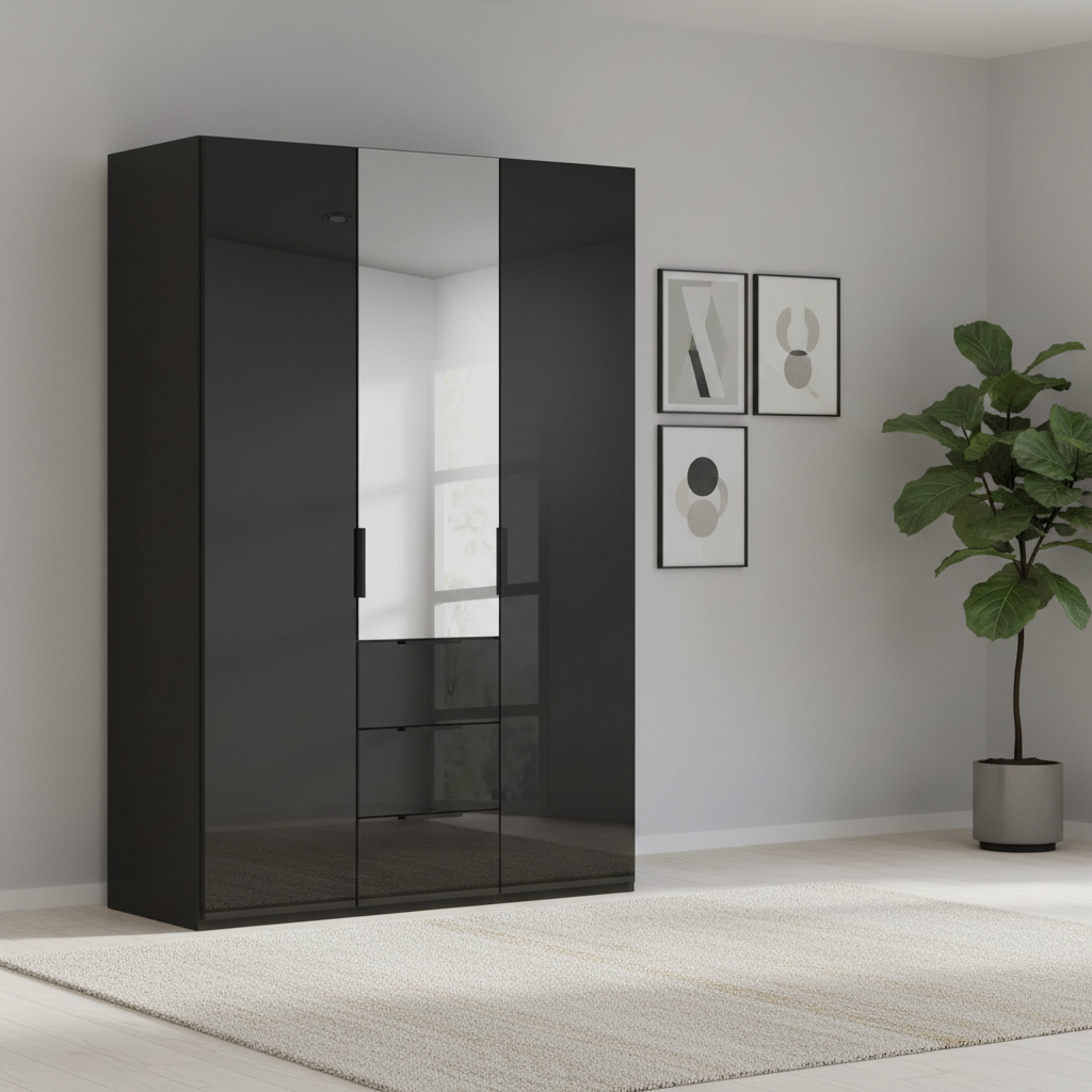 Rauch Heaven 150cm 3 Door Combi Wardrobe with 2 Glass Doors and 1 Mirror Door in Black styled in a modern bedroom