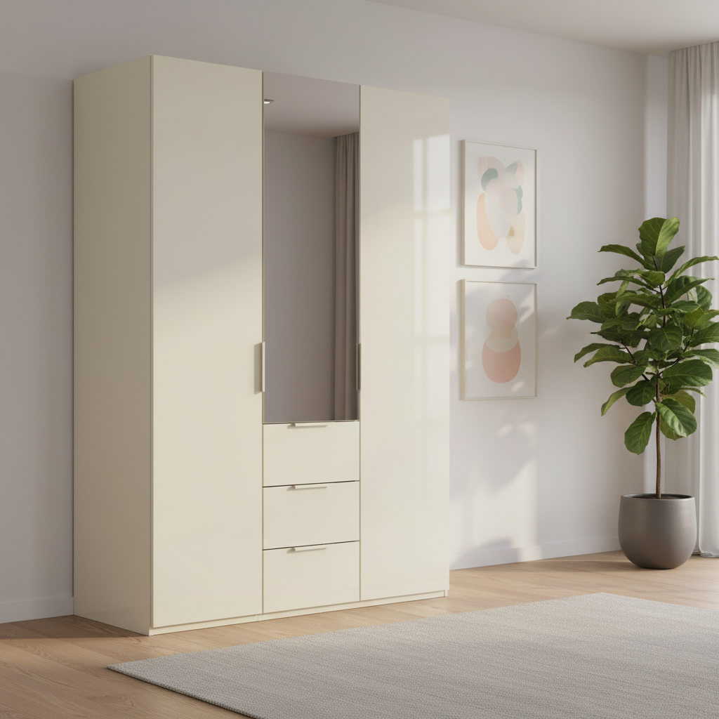 Rauch Heaven 150cm 3 Door Combi Wardrobe with 2 Glass Doors and 1 Mirror Door in Champagne styled in a modern bedroom