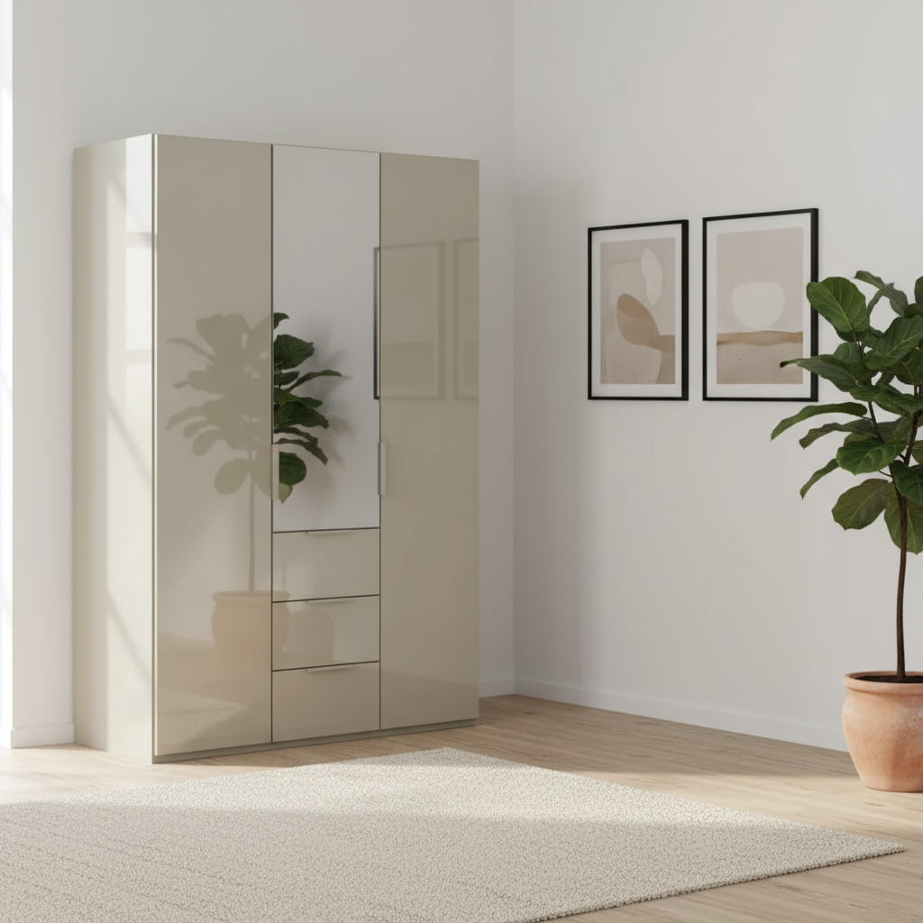 Rauch Heaven 150cm 3 Door Combi Wardrobe with 2 Glass Doors and 1 Mirror Door in Fango styled in a modern bedroom