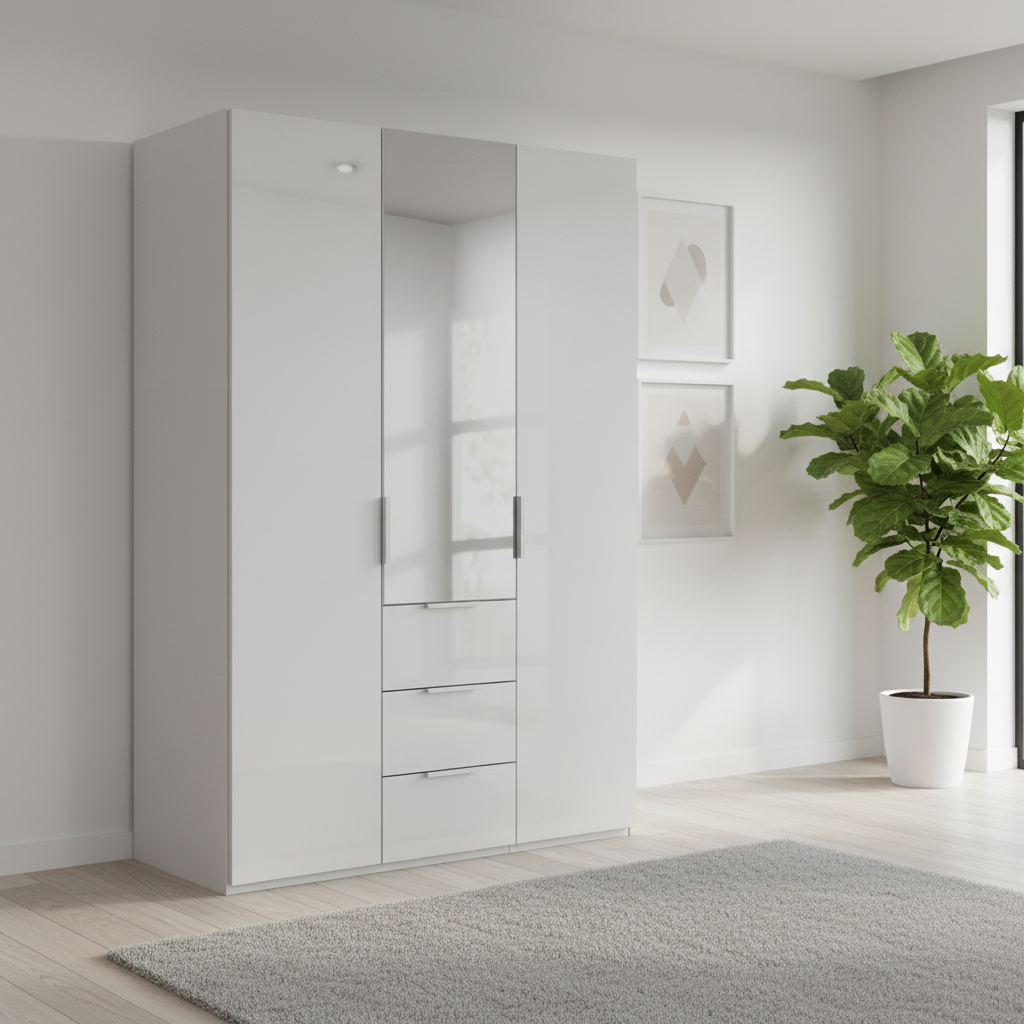 Rauch Heaven 150cm 3 Door Combi Wardrobe with 2 Glass Doors and 1 Mirror Door in Silk Grey styled in a modern bedroom